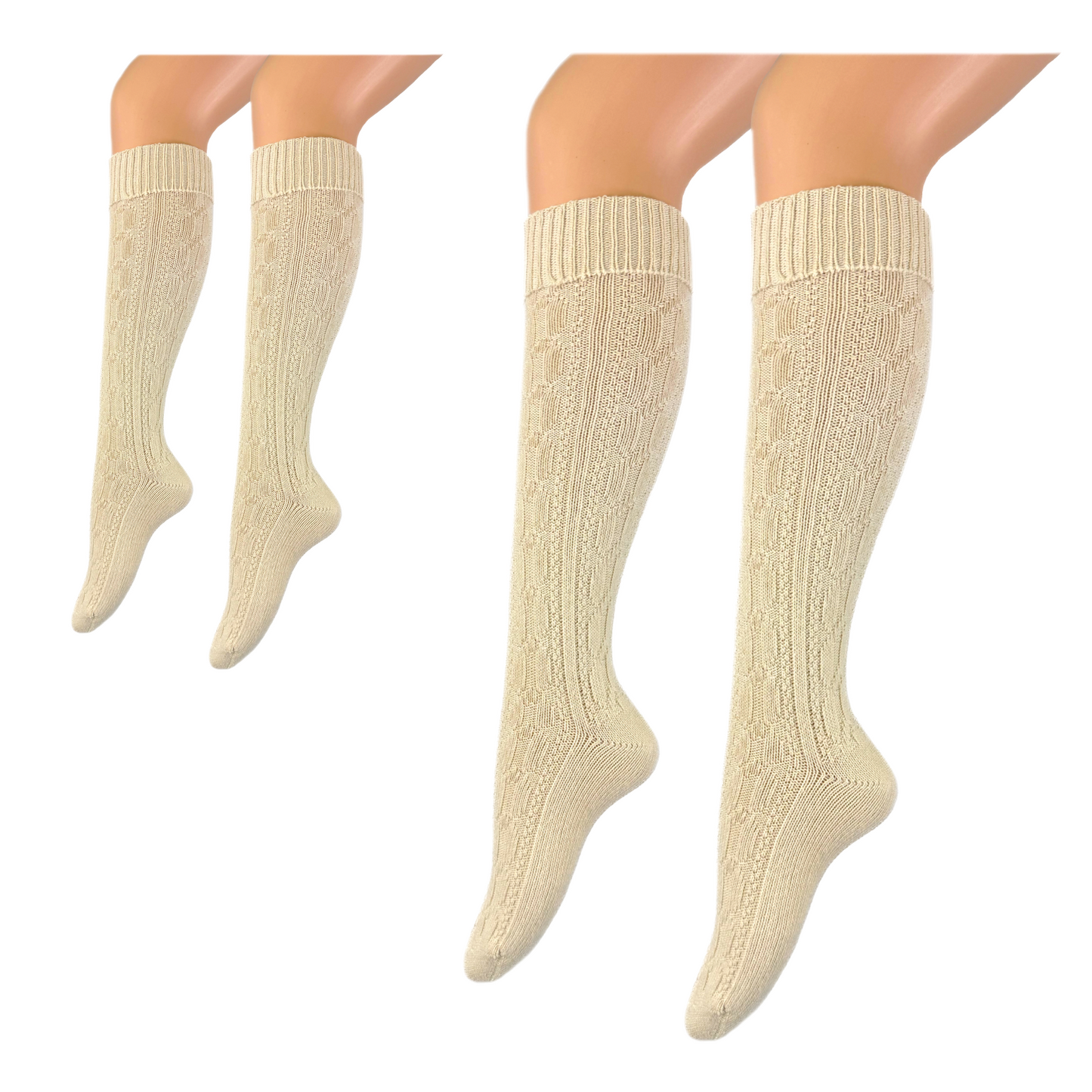 2 Paar Damen und Herren Trachtenstrümpfe Wanderstrümpfe Wandersocken Kniestrümpfe mit edlem Strickmuster Zopfmuster kniehoch (beige)