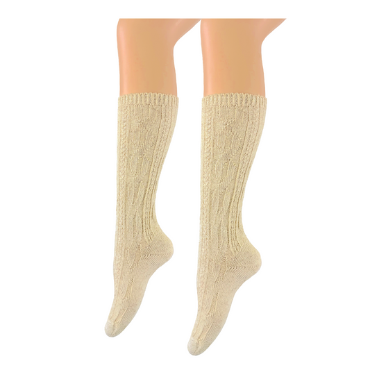 Damen und Herren Trachtenstrümpfe Wanderstrümpfe Wandersocken Kniestrümpfe mit edlem Strickmuster Zopfmuster – mit Leinen Anteil- (beige)