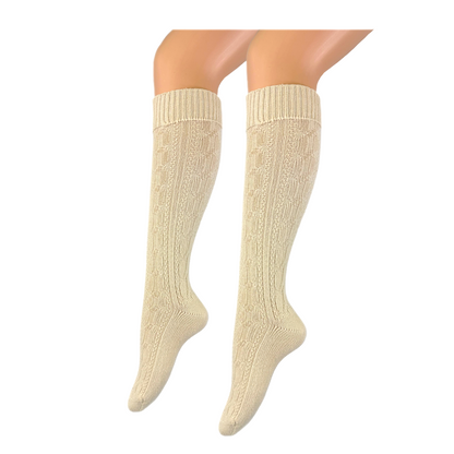 2 Paar Damen und Herren Trachtenstrümpfe Wanderstrümpfe Wandersocken Kniestrümpfe mit edlem Strickmuster Zopfmuster kniehoch (beige)