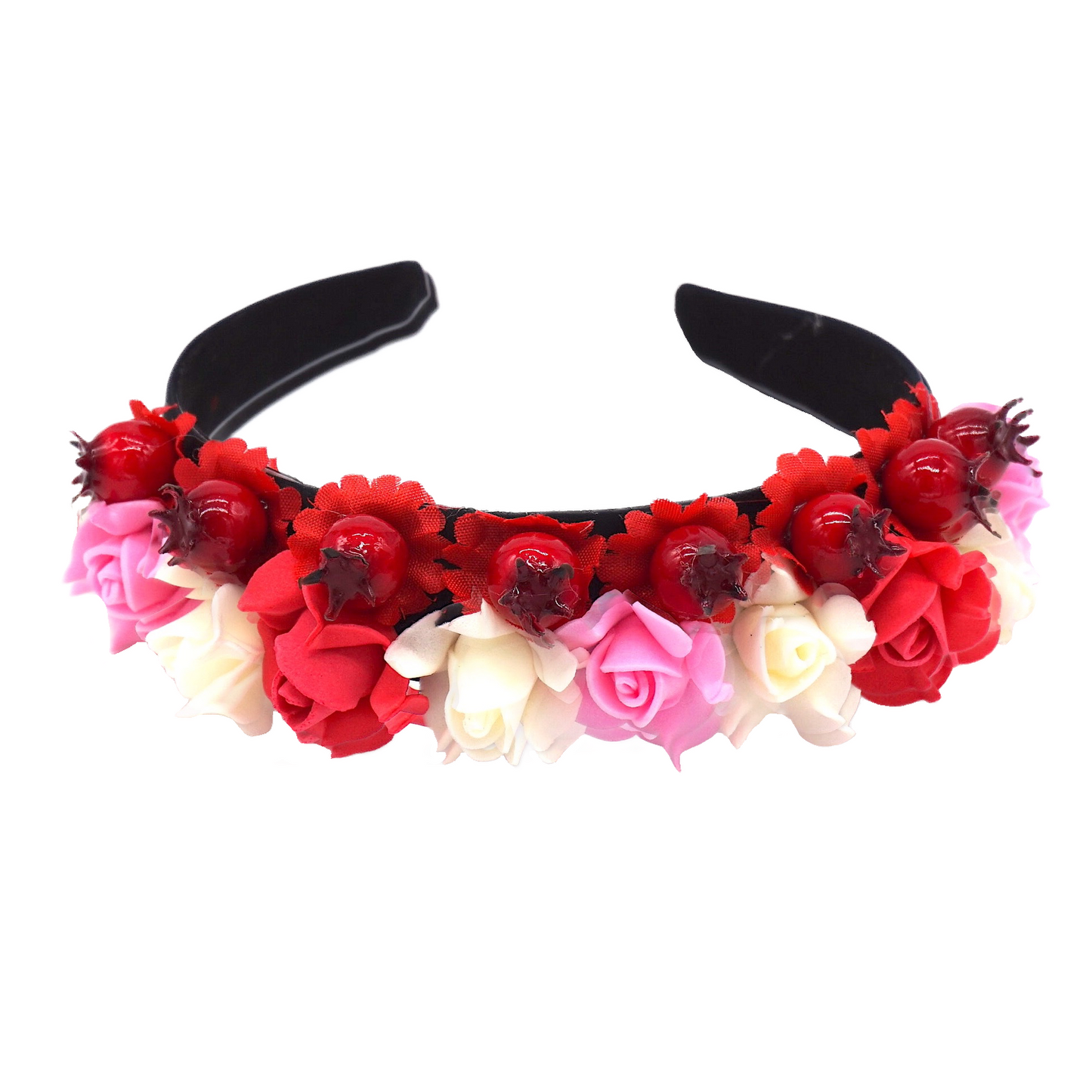 Blumen Haarreif "FLORENTINA" mit weißen-roten-rosa Blüten und Beeren Haarschmuck