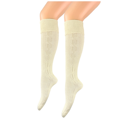 Damen und Herren Trachtenstrümpfe Wanderstrümpfe Wandersocken Kniestrümpfe mit edlem Strickmuster Zopfmuster kniehoch (beige)