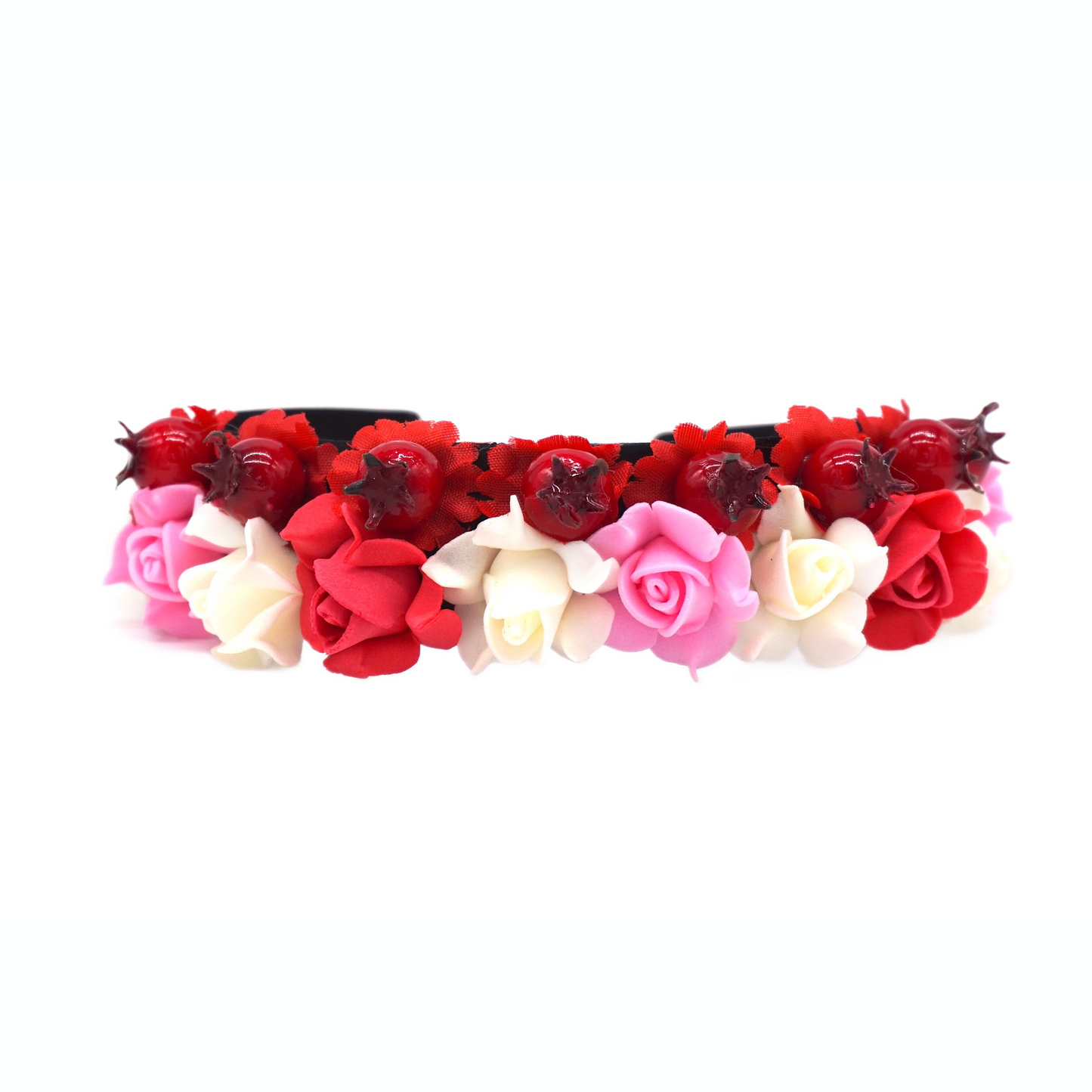 Blumen Haarreif "FLORENTINA" mit weißen-roten-rosa Blüten und Beeren Haarschmuck