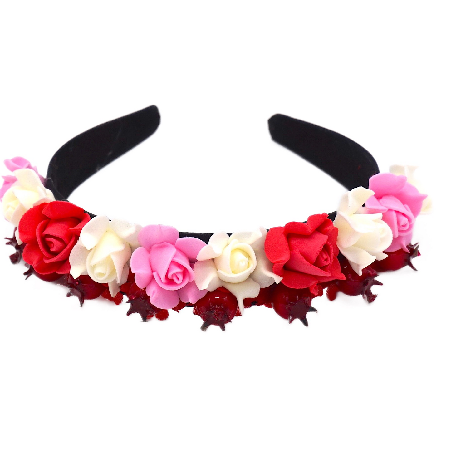 Blumen Haarreif "FLORENTINA" mit weißen-roten-rosa Blüten und Beeren Haarschmuck